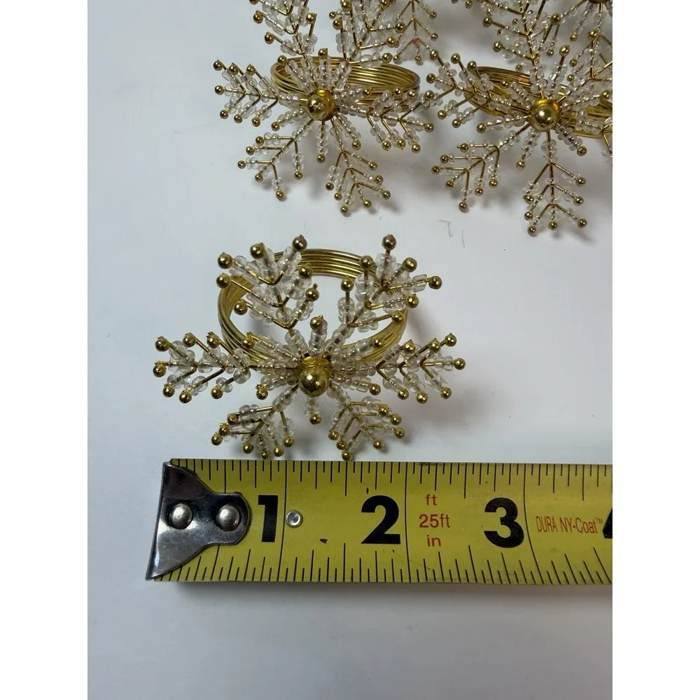 Christmas Winter Napkin Holders Brass‎ Metal Rings Beaded Snowflake Set of 12